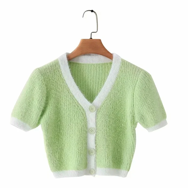 

Women Short Sleeve Button Down Sweater Cardigan Sexy V-Neck Color Block Knitted Crop Top Slim Fit Harajuku Autumn Streetwear Coa