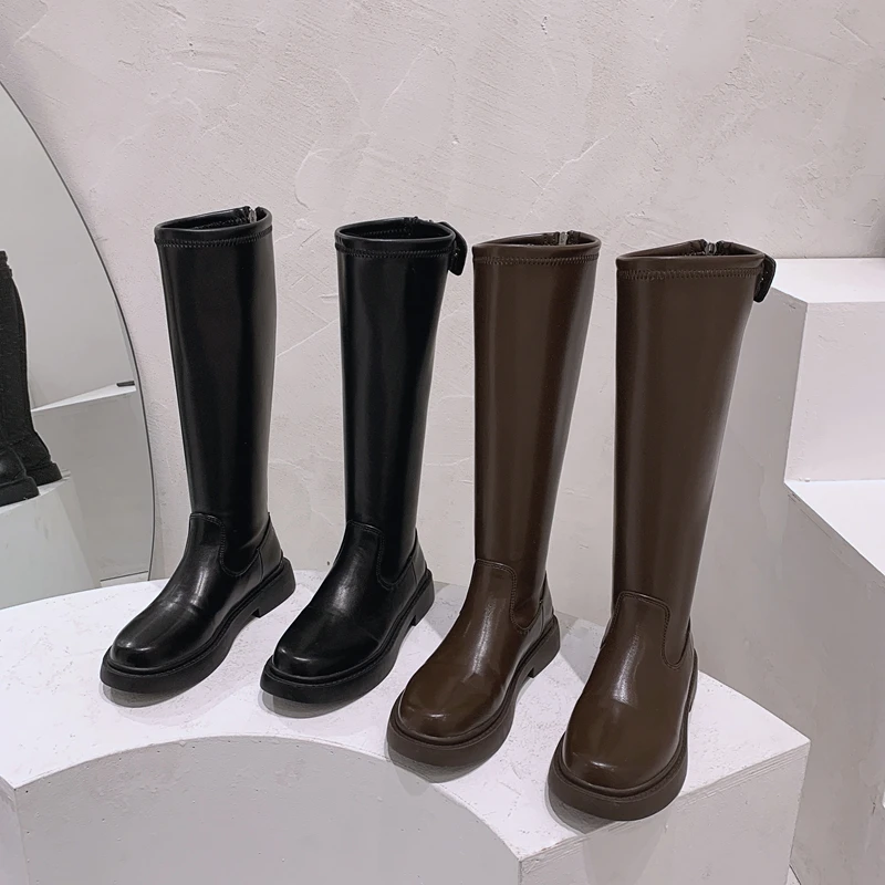 

DLEK High Boots Women Winter Warm Plush Middle Heel Rubber Non-slip Black PU Leather Mature Knee-high Boots