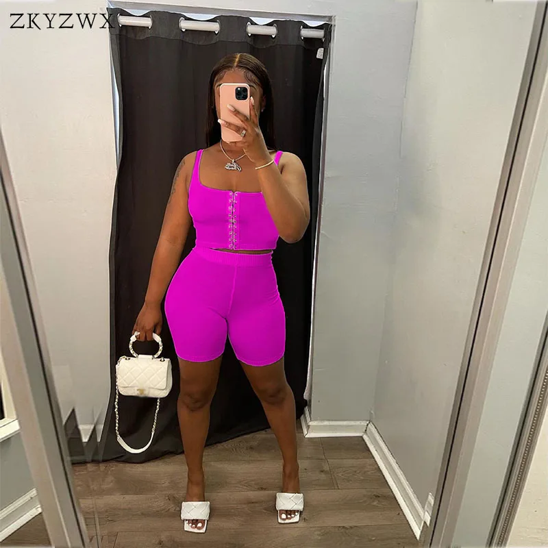 

ZKYZWX однотонный комплект из двух предметов: майка на пуговицах с крючком и велосипедные шорты, спортивный костюм, одежда для отдыха, женские ...