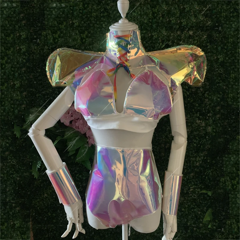 

Nightclub Bar Ladies Laser Illusion Costume Exaggerated Shrug Bodysuit Sets Singer Ds Dj Sexy Gogo Costume Rave Outfits XS2709