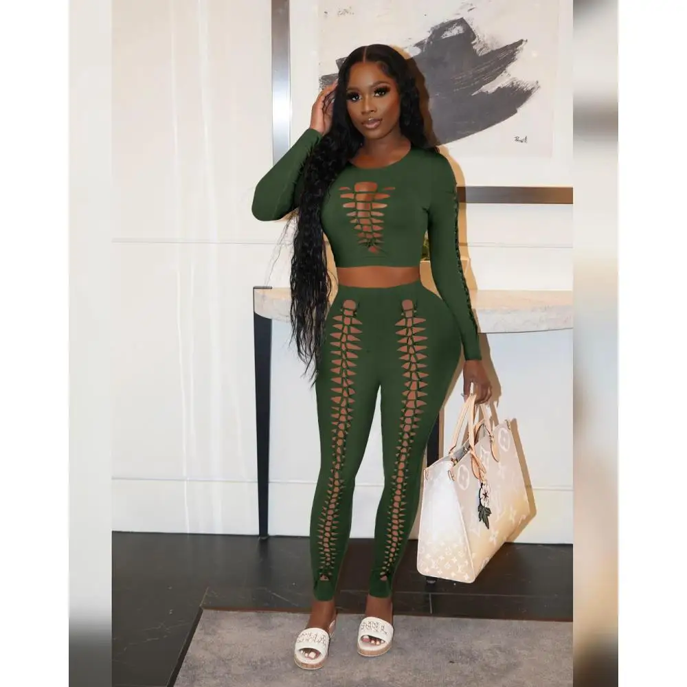 

Pure Color Women 2 Piece Fashion Sets Crew Neck Long Sleeve Crop Tops High Waisted Straight Long Pants Sexy Hollowed Out Outfits