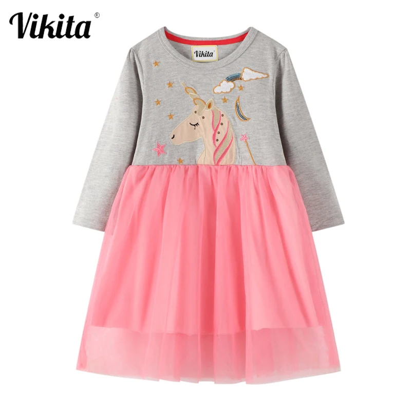 

VIKITA Kids Cartoon Dress Girls Unicorn Appliqued Dresses Baby Girl Princess Dress Party Costumes Autumn Long Sleeve Dresses