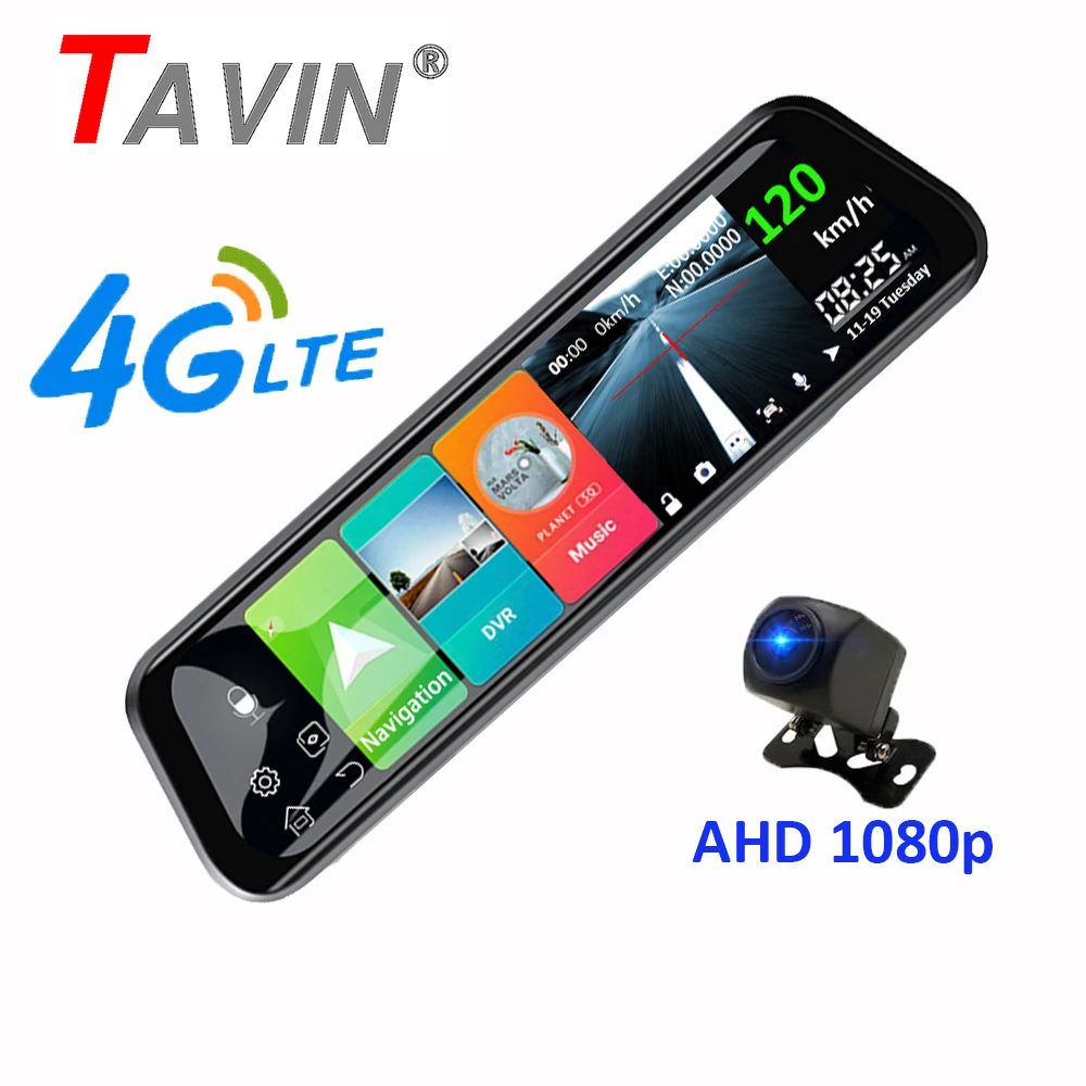 Автомобильный видеорегистратор TAVIN, 10 дюймов, сенсорный экран, зеркало заднего вида, видеорегистратор, Full HD, фронтальная Автомобильная камера+ 1080 P, задняя камера, двойной объектив, видео рекордер