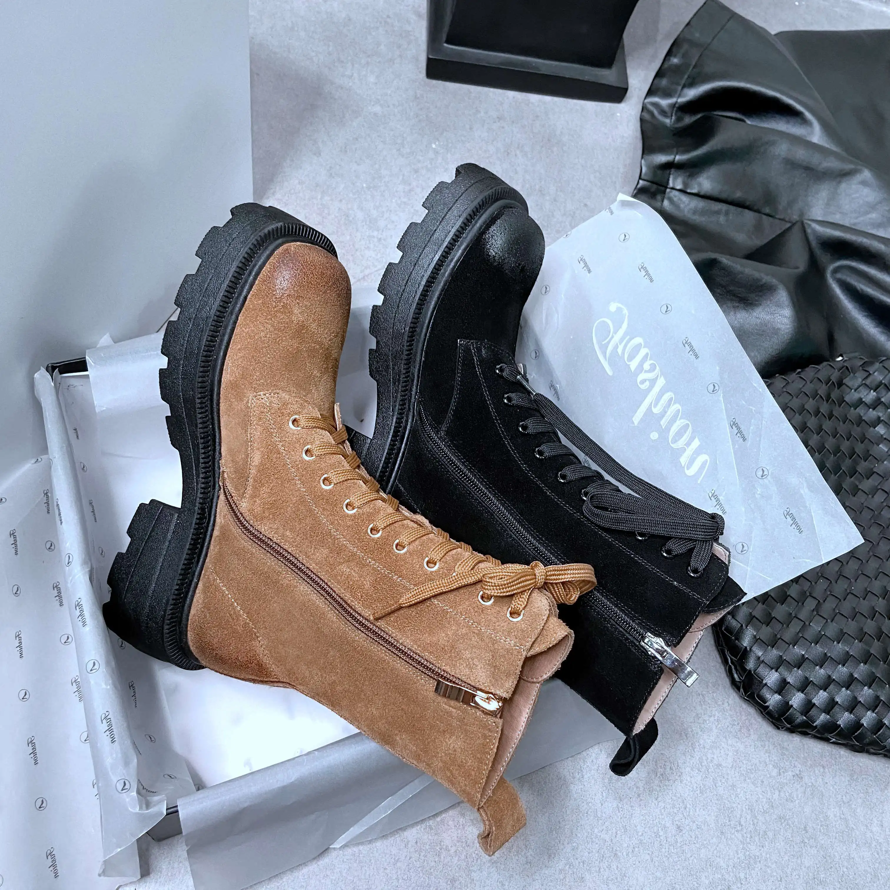 

Lenkisen cow suede square toe thick bottom riding boots gladiator vintage cross-tied solid beauty lady casual mid-calf boots L65