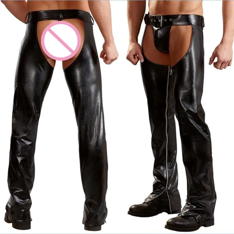 

Men Sexy Chaps Fetish Crotchless Pants Nightclub Stage Cosplay Costume Clubwear Pole Dance Exotic Gothic Patent Leather Leggings