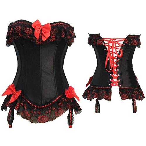 Женский сексуальный корсет тренировочное бюстье с красным бантом стринги для