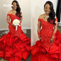 luxury red plus size evening dress elegant bottom ruffles african prom dresses 2022 long sleeve women ceremony party gowns
