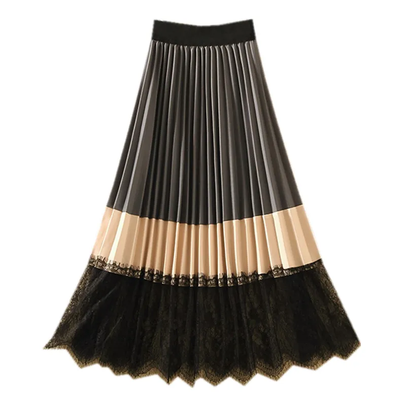 

Autumn and winter 2020 new Korean high waist thin contrast color stitching lace pleated skirt medium length skirt women