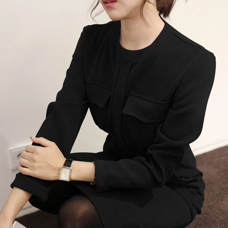 

ECRURANI Casual Patchwork Pocket Dress For Women O Neck Long Sleeve Tunic Solid Midi Dresses Female New 2021 Spring Fashionable