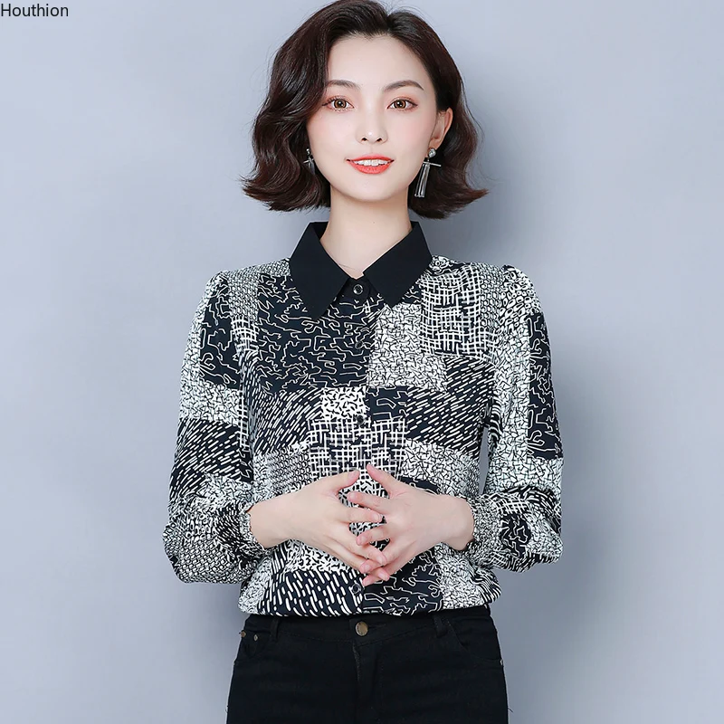 

Summer New Women's Blouses Polo Long Sleeve Shirt Printed Chiffon Top Casual Fashion Clothing Houthion