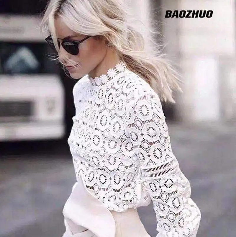 

BaoZhuo New 2021 Women Sexy Lace T-Shirt Long Sleeve Crew Neck Button Mesh Design Tops Spring Fashion White Vintage T Shirts