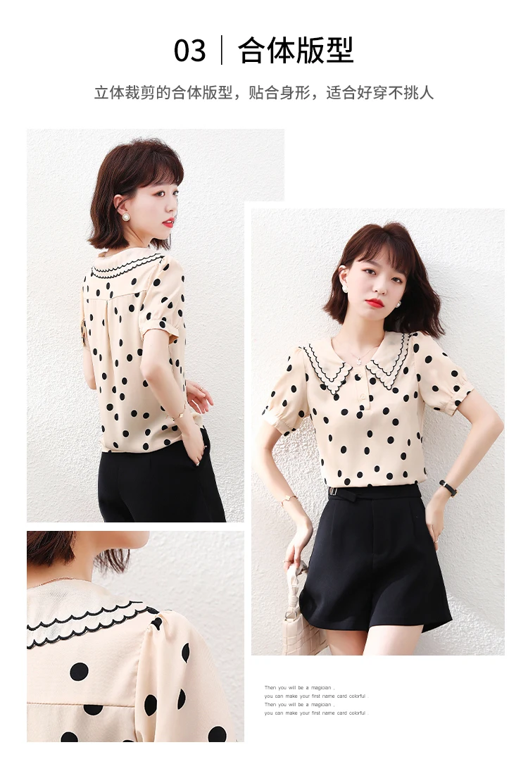 

Women's Blouse Short Sleeve Tops Doll Collar Printed Shirt Chiffon Top Fashion Casual Shirts Polka Dot Summer New 10106