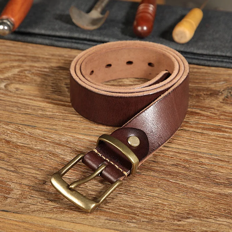 High Quality Natural Thick Cowhide Leather Retro Casual Brass Buckle Head With Brass Ring Men's Belt Designer Jeans Belt