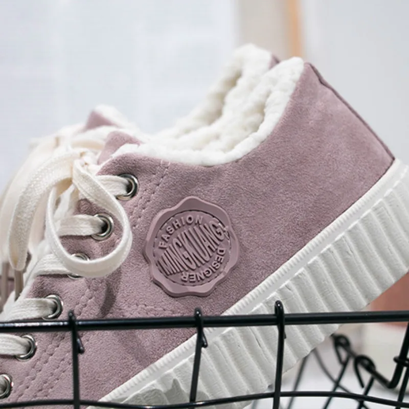 

New Women's Fashion Low Cut Lace Retro Wild Warm Suede Increased Thick Bottom Classic Slip Plus Velvet Vulcanized Shoes B20-31