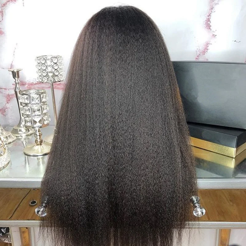 

Yaki 26Inch Long Kinky Straight Middle Part Lace Front Wig Babyhair for Black Women Synthetic Heat Resistant Preplucked FreeShip