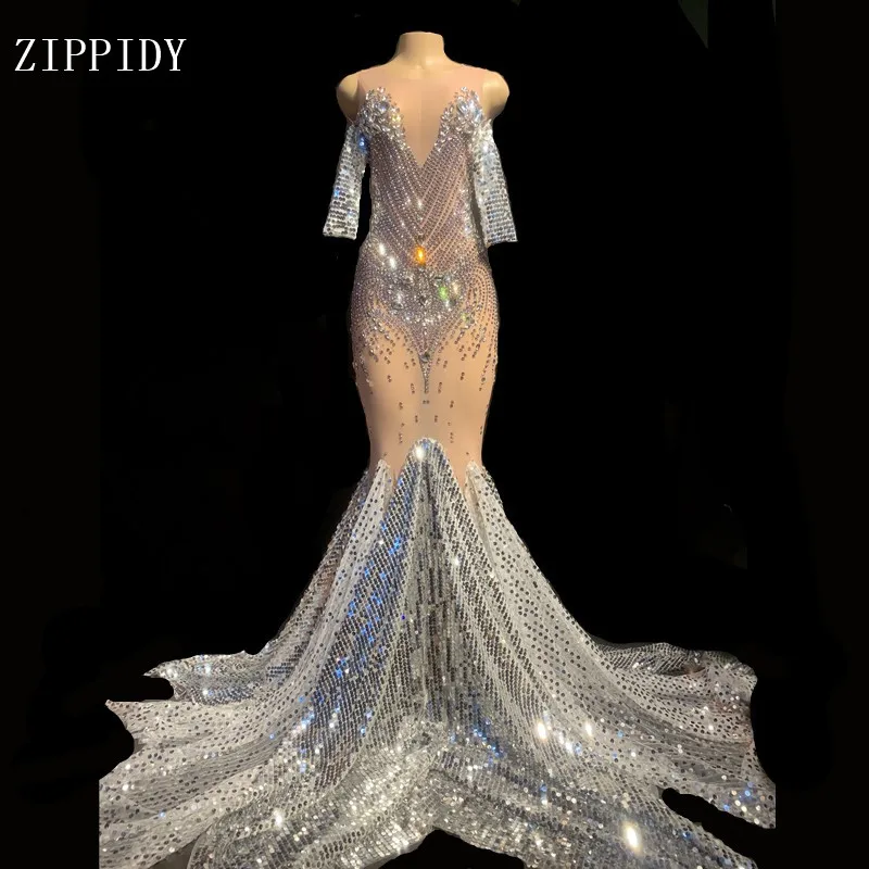 

Sexy 3 Colors Sparkly Crystals Transparent Sequins Tail Dress Evening Long Rhinestones Dresses Birthday Celebrate Costume YOUDU