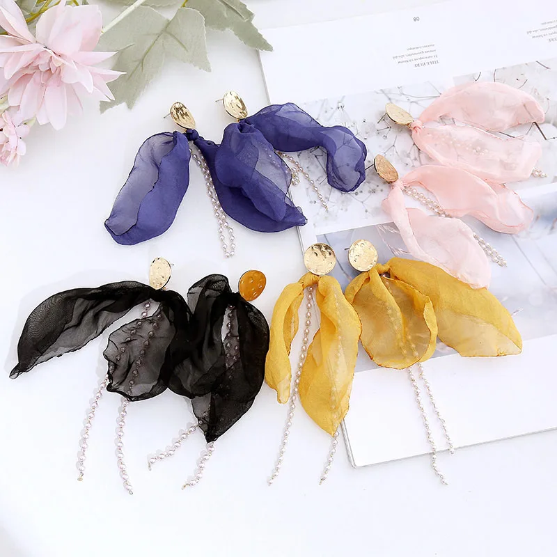 Богемные Многослойные висячие серьги из розовой сетчатой пряжи с цветами для