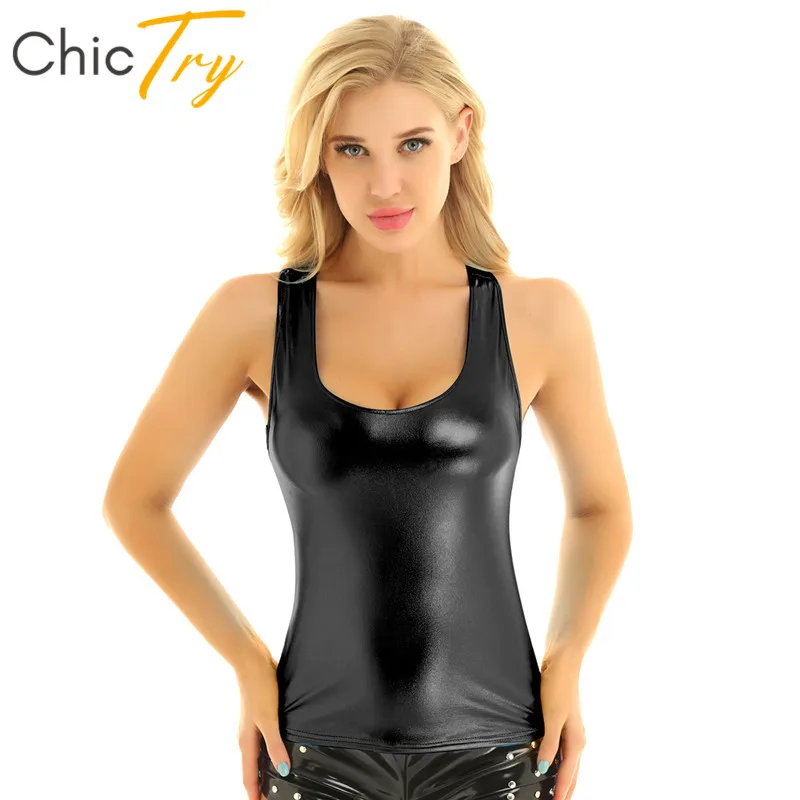 

ChicTry Women Sexy Tops Sleeveless Shiny Metallic Solid Color Slim Racerback Tank Tops Club Party Festival Rave Dance Costume