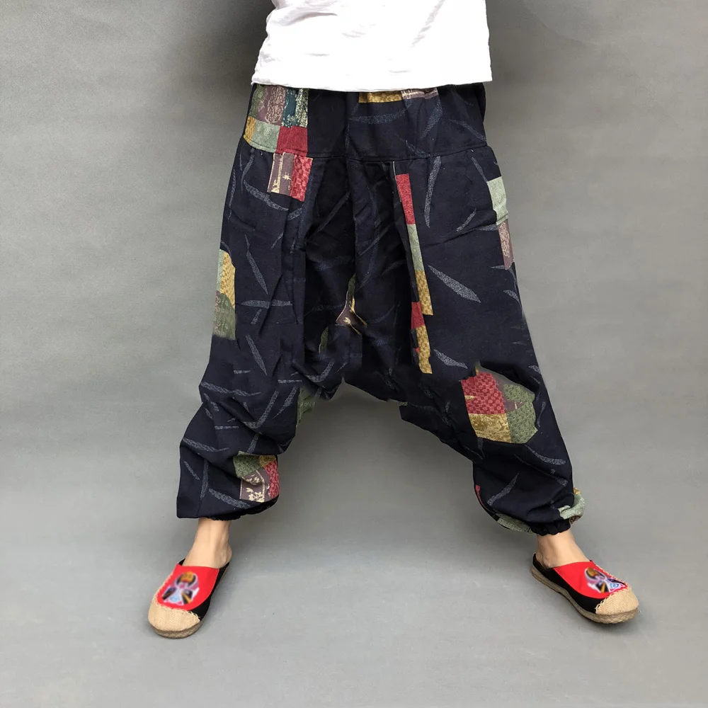 

Men Pants Men's Wide Crotch Harem Pants Loose Large Cropped Trousers Wide-legged Bloomers Korean Style Printed Baggy