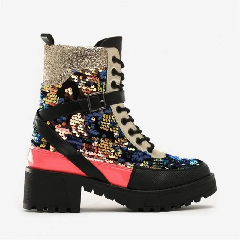 

Fashion Winter Women Shoes Sequined Mixed Color Platform Ankles Boots Outdoor Ladies Cool Motorcycle Boots 5Cm Spuare Heels Shoe