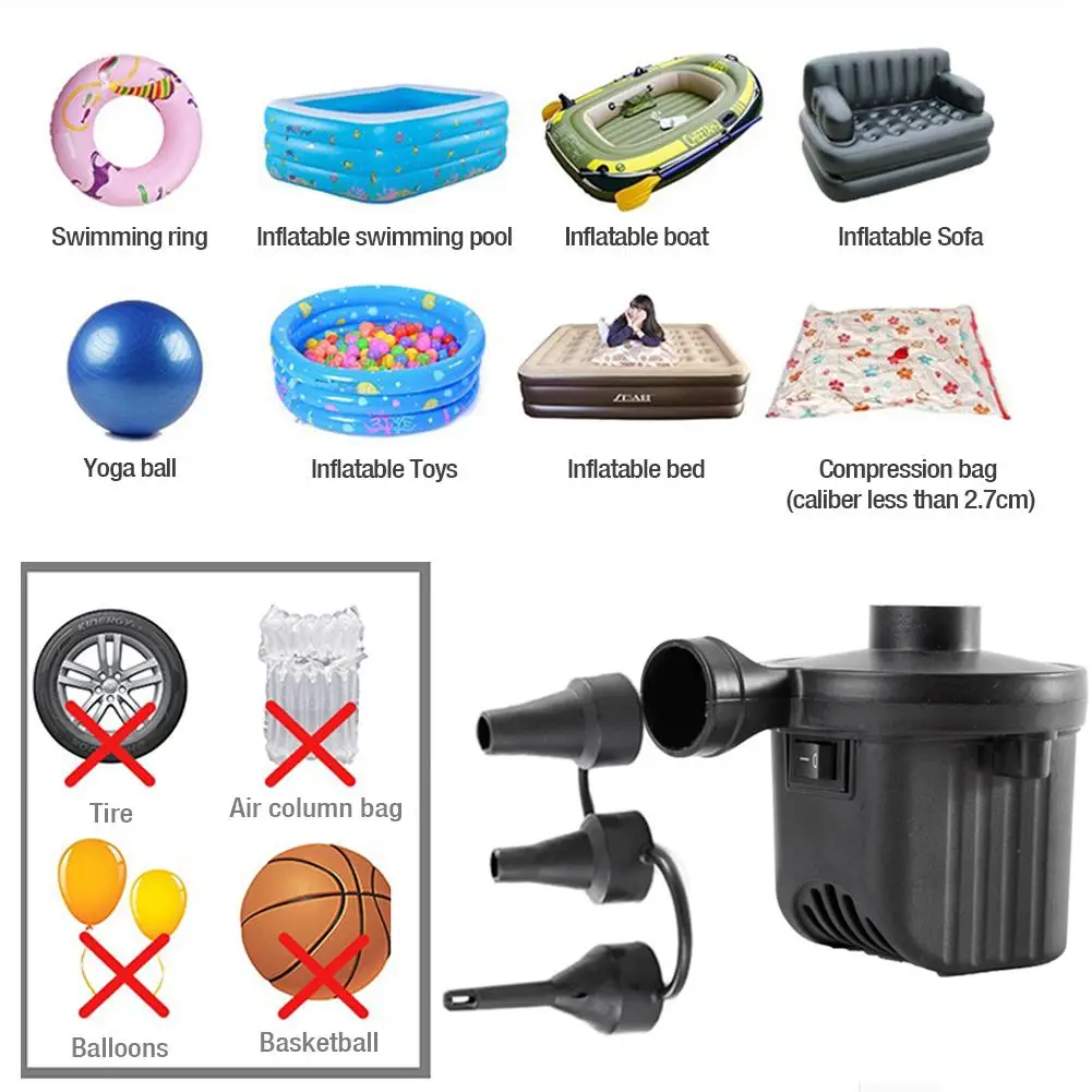 Электрический воздушный насос с 3 насадками портативный для воздушного матраса