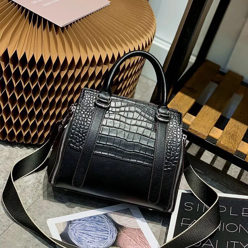 

Genuine Leather Handbags Crocodile Pattern Versatile Fashion Shoulder Messenger Bag Classic Design Vintage Portable Women's Bag