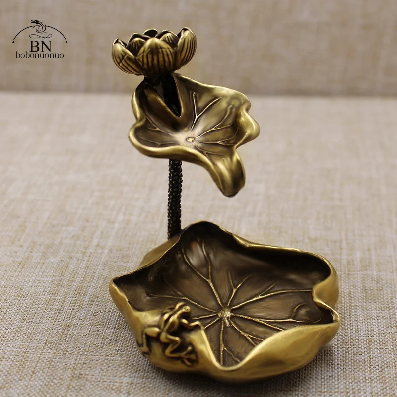 Antique Brass Lotus Leaf Backflow Incense Burner Decorations Solid Pure Copper Frog Lotus Pond Censer Holder Ornaments Tea Pets