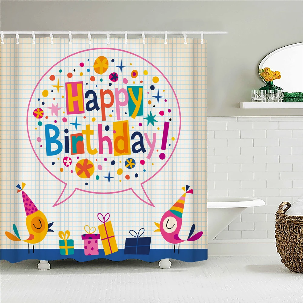 

Cute Cartoon Fabric Shower Curtain Waterproof Bathroom Curtains Happy Birthday Children Bathtub Decor Bath Screen with 12 Hooks