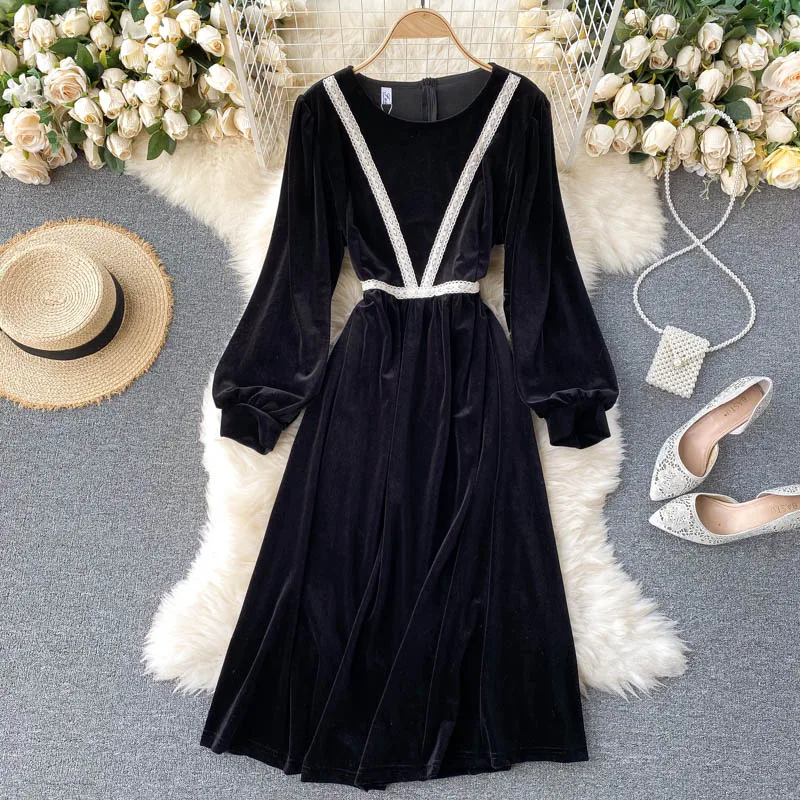 

Vintage Black O-Neck Lantern Long Sleeve Patchwork Midi Dress Autumn 2021 Casual A-Line Velvet Vestidos Female Robe New Fashion