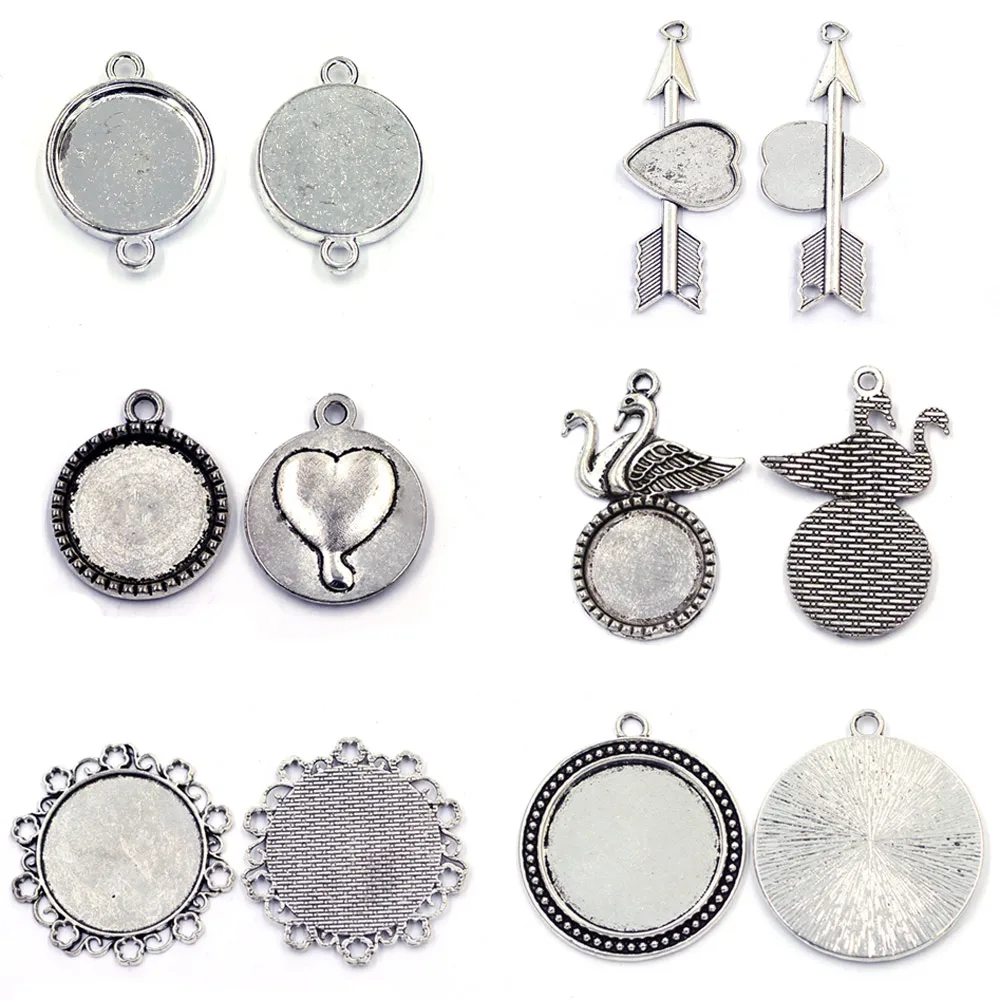 

5Pcs Pendants Blank Cameo Cabochon Base Tray Bezel Setting Swan Heart Silver Tone For Charms Necklaces Jewelry DIY Finding