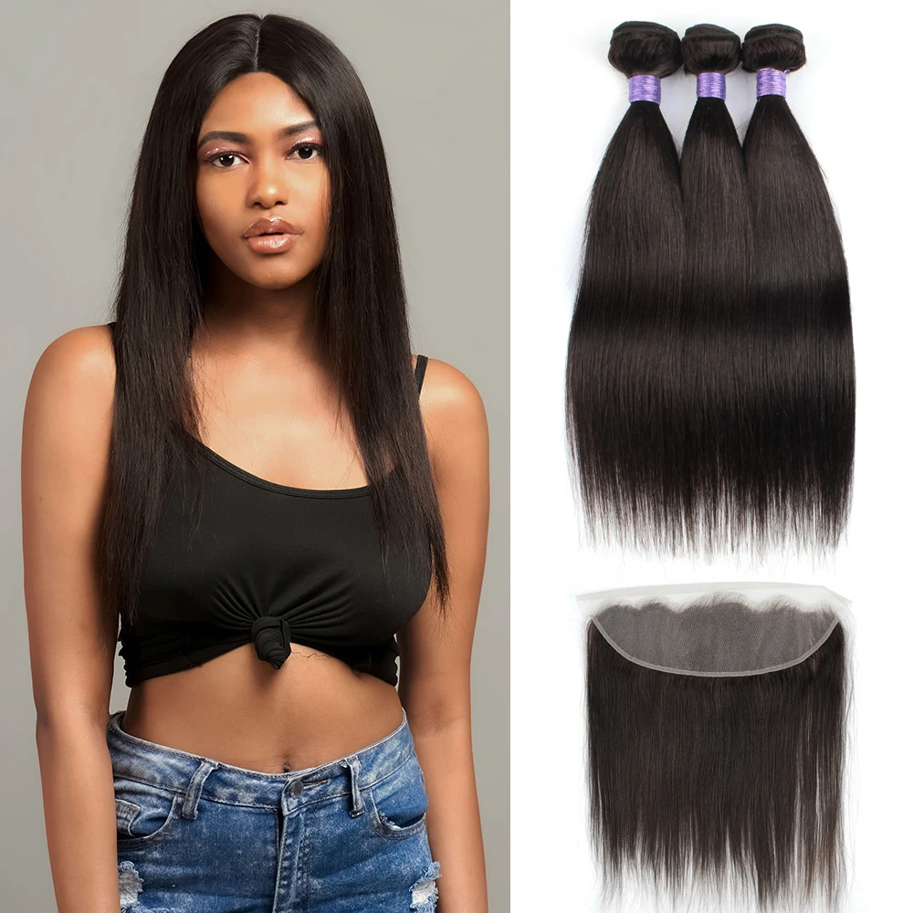 

Straight Hair 3 Bundles with Frontal Transparent Pre-Plucked 13x4 Lace Closure Remy Human Hair Natural Black 60g/pc Bobbi