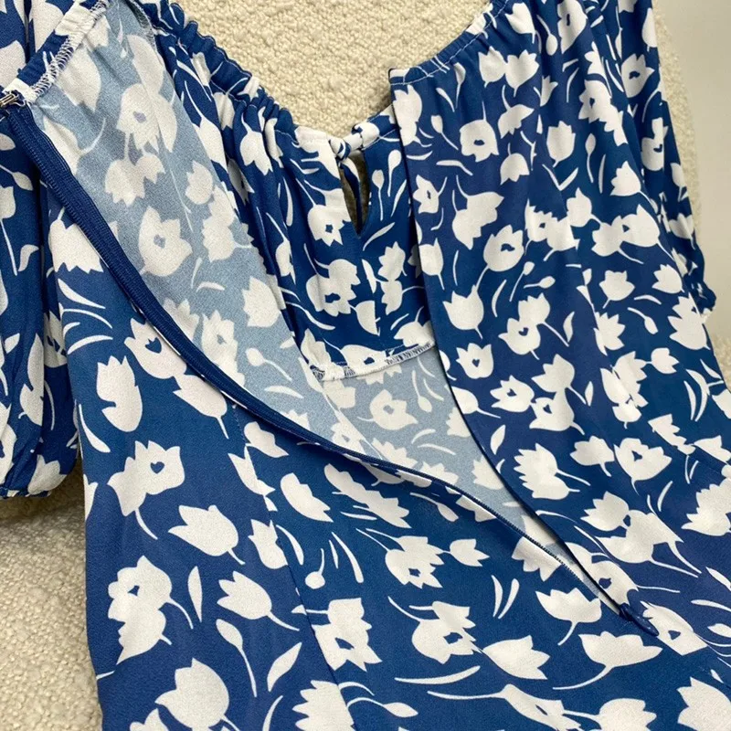 

2021 Summer Fashion Original Square Collar White Flower Print Slim Blue Mini Dresses