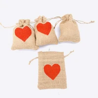 20pcs natural jute bags linen drawstring gift bag candy pouch heart pattern wedding favors party jewelry hessian sack