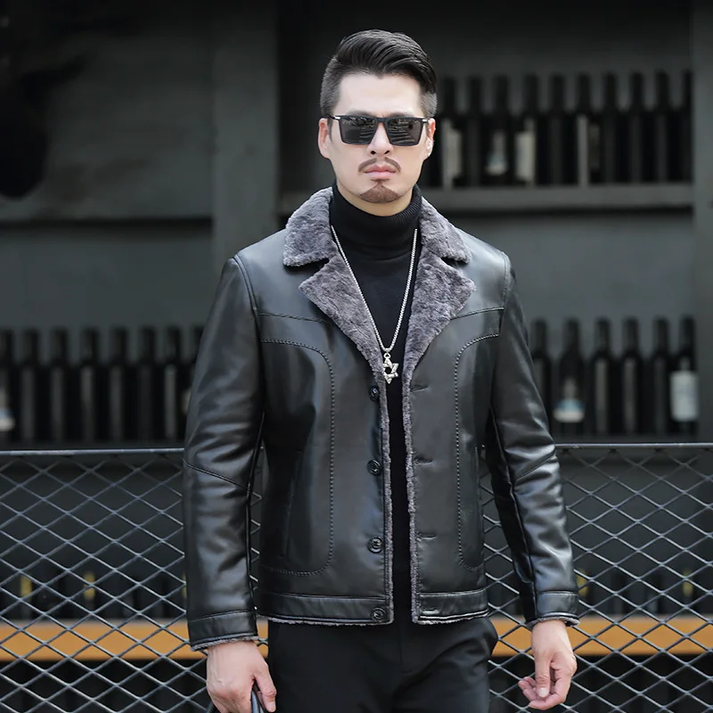

winter the of 2019 big yards leather and velvet middle-aged male fur jacket dad put leather jacket with thick warm coat