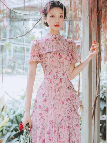 

Женское шифоновое платье-макси с цветочным принтом, розовое элегантное улучшенное платье-Ципао, винтажное платье до середины икры, лето 2021