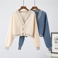 autumn new loose v neck short knitted cardigan sweater women casual jumper long sleeve crop top mujer female knitwear pull femme