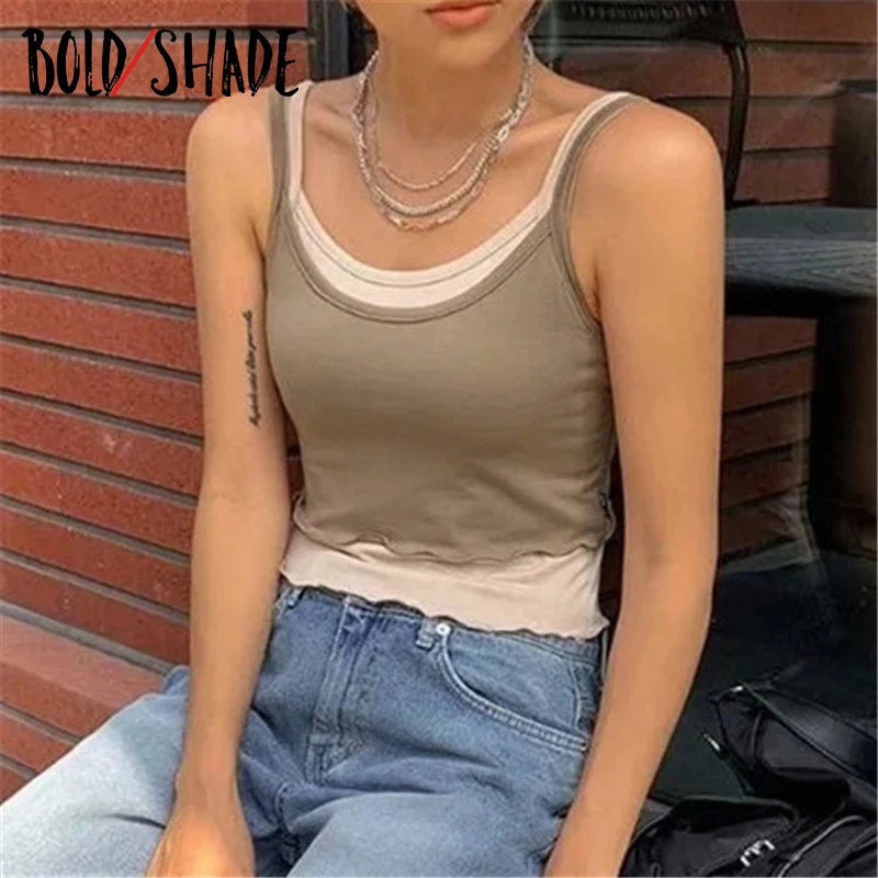 Bold Shade Grunge Streetwear 90s Style Camis Women Patchwork Indie Vintage Tank Tops 2021 Skinny Ribbed Strap Crop Top Basic Hot