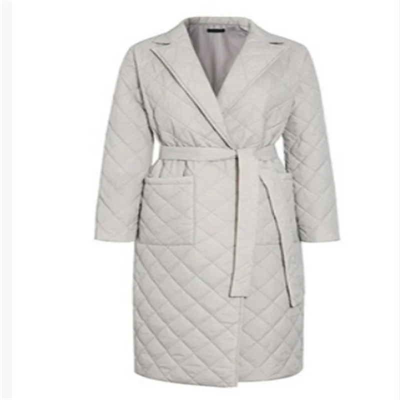 

Женское длинное Прямое пальто с ромбовидным узором, Повседневная парка с поясом и глубокими карманами, стильная верхняя одежда с воротнико...