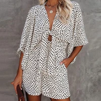fashion batwing sleeve women jumpsuit dot print one piece tie up bow v neck loose casual romper lady overalls for daily wear