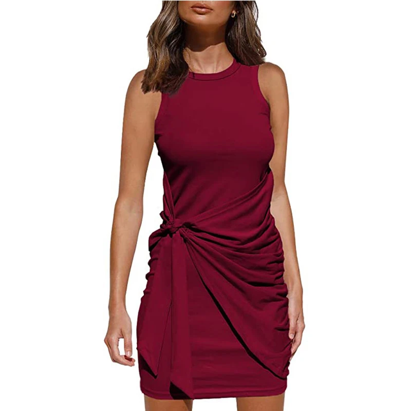 

Tank Dress O Neck Sleeveless Solid Color Basic Cotton Dress Slim Ruched Lace Up Casual Streetwear Clothes For Women Dresses Robe