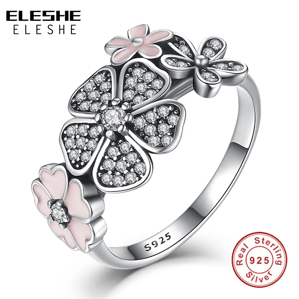 ELESHE 100% 925 Sterling Silver Rings Pink Daisies With Transparent Shiny Zircon Ring For Women Fashion Party Jewelry