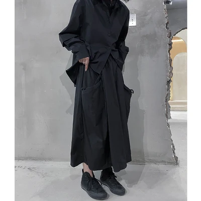 Юбка трапеция в стиле ретро черная Свободная юбка с завышенной талией и