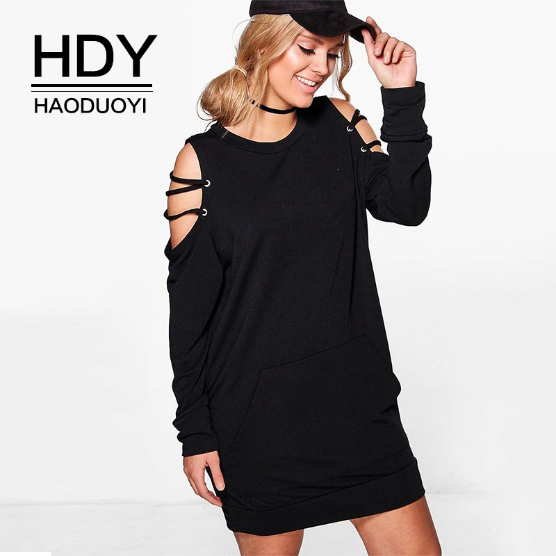 Платье HDY Haoduoyi повседневное однотонное с длинным рукавом отверстиями для