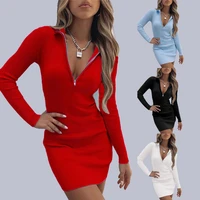 2021 new europe and the united states womens fashion lapel solid color zipper tall waist deep v long sleeved dress
