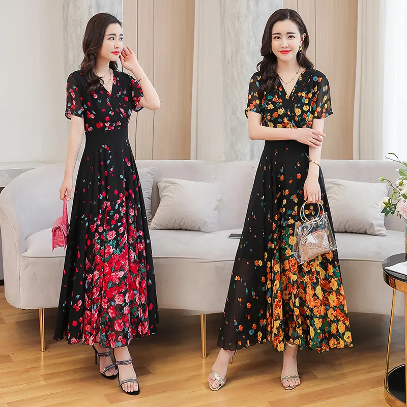 

dress for women long summer 2020 new Korean dress Slim young lady short sleeve dress elegant fashion chiffon Beach vacation