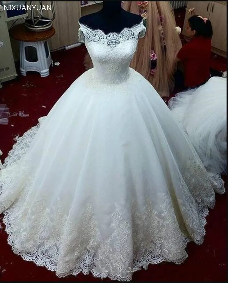 

Ball Gowns for Church Wedding with Cap Sleeves Beading Lace Appliques Customized Long Wedding Dresses Lace Up Back