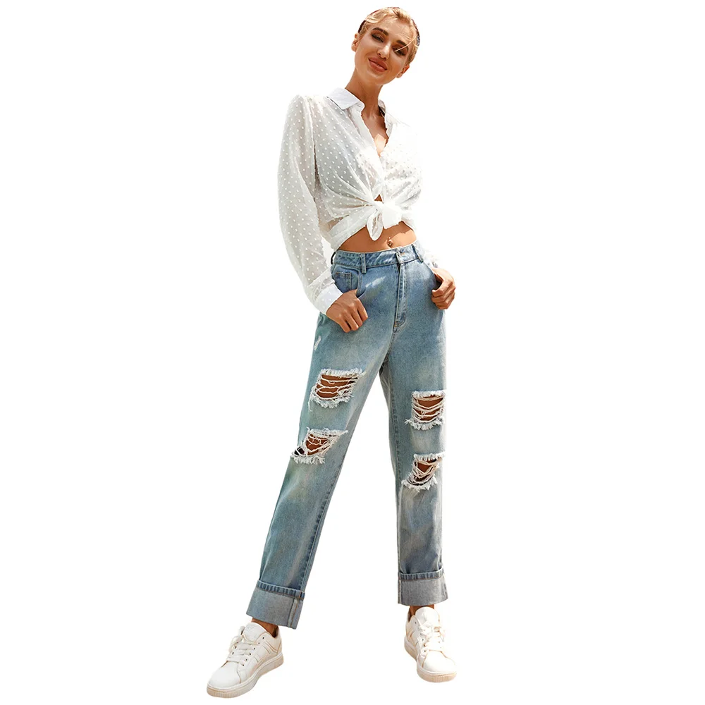 

Vintage High Waist Jeans Loose Straight Distressed Hole Jeans Women's Denim Streetwear Jeans