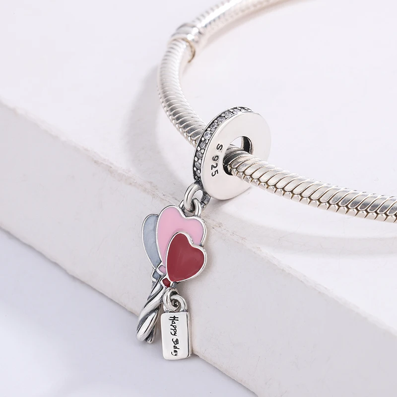 

925 Sterling Silver Happy Bday Balloon Dangle Charm Colourful Enamel Heart Shape Balloons Pendant Bracelet Jewelry For Pandora