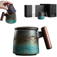 retro mug ceramic large tea cup filter tea cup with lid cup mug wooden handle tumbler cup gift box set kitchen dining bar