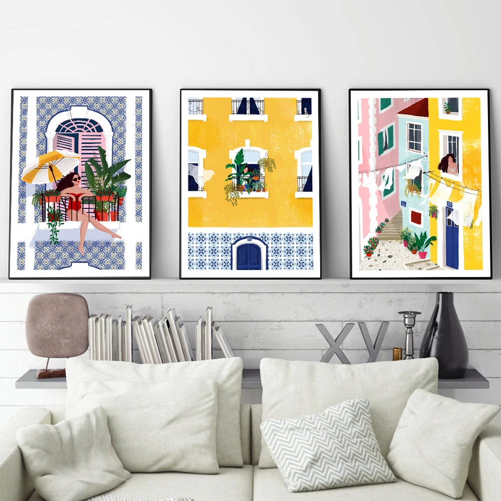 

City Landscape Poster Morocco Abstract Canvas Painting Plant Window Art Print Color Travel Wall Picture Living Room Home Decor